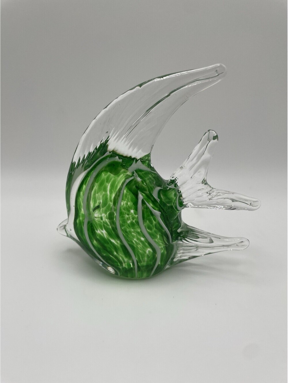 Vtg Murano Style Green And White Handblown Angelfish Figurine Paperweight 5x5 in